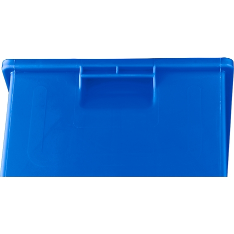 Close-up of a blue plastic box with handle. Part of the box is visible in the image.