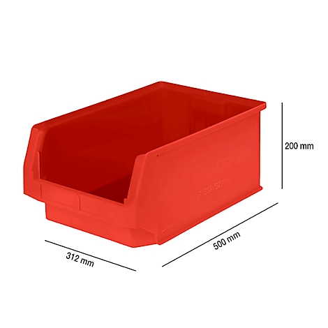 Red plastic storage box, dimensions: 500 x 312 x 200 mm. Open front, with dimensions.