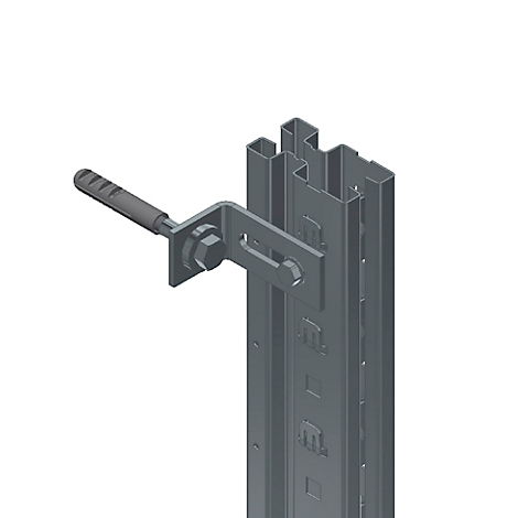 Ein graues Regal mit Befestigungswinkel, Schrauben und Dübel.