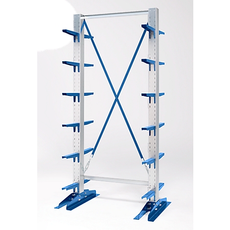 Metal shelf, blue and white with several shelves.