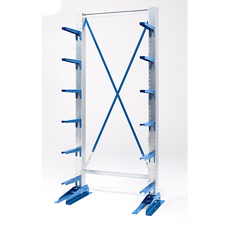 A freestanding, blue and silver heavy-duty rack with supports, diagonal bracing and shelf arms. White background.