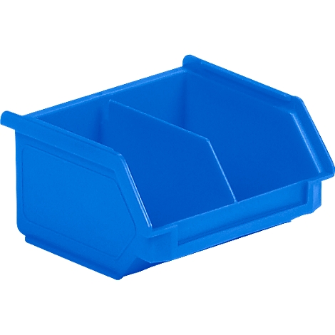 Blue plastic storage bin with a divider for workshop organization.