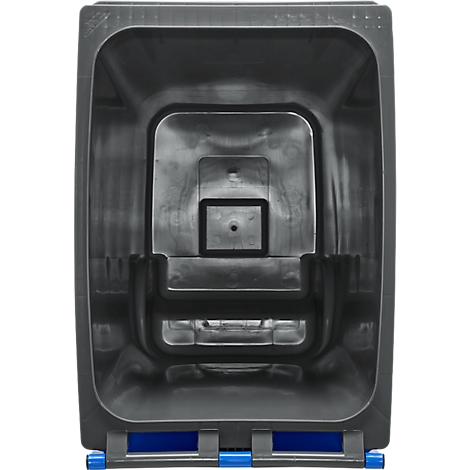 Dunkelgraue, eckige Mülltonne, Draufsicht. Blaue Details am Boden. Innenliegende Vertiefungen.