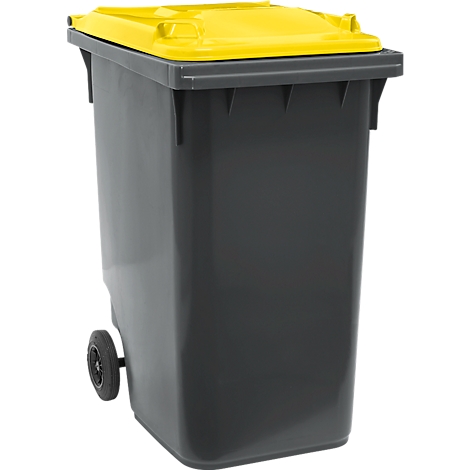 Grauer Müllcontainer mit gelbem Deckel, einem Rad und Griffen.