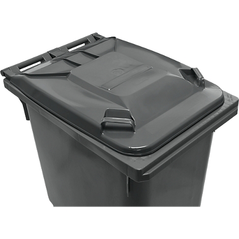 Graue Mülltonne, Blick auf Deckel und Behälter aus der Vogelperspektive.