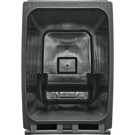 Draufsicht auf einen grauen Mülleimer von innen. Rechteckige Form mit abgerundeten Ecken und verschiedenen Ebenen.