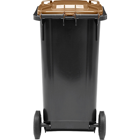Schwarze Mülltonne mit braunem Deckel, zwei Rädern.