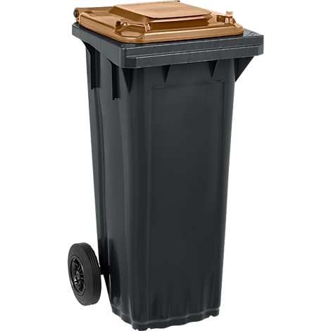 Schwarze Mülltonne mit braunem Deckel und Rollen.