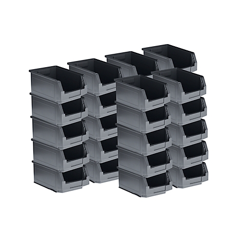 Grijze plastic bakken in een rij, op een witte achtergrond.