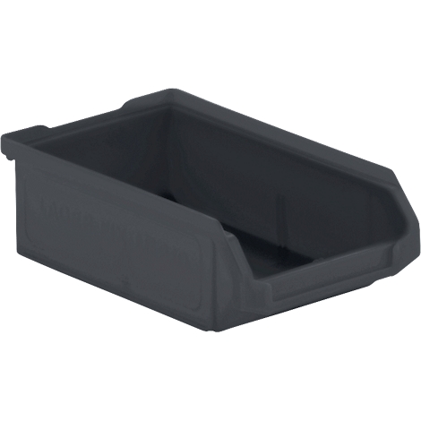 Dark gray storage box, made of plastic, with a slanted front.