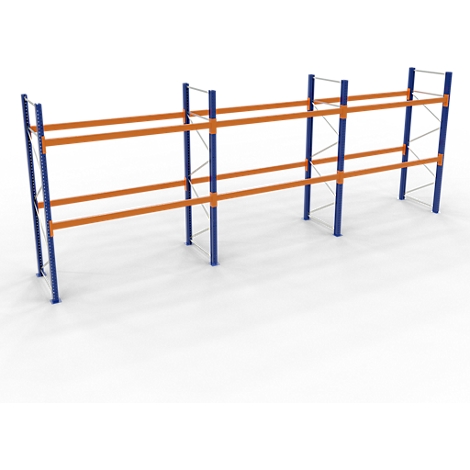 Regalsystem mit blauen Säulen und orangefarbenen Ablagen. Ein 3D-Rendering vor weißem Hintergrund.