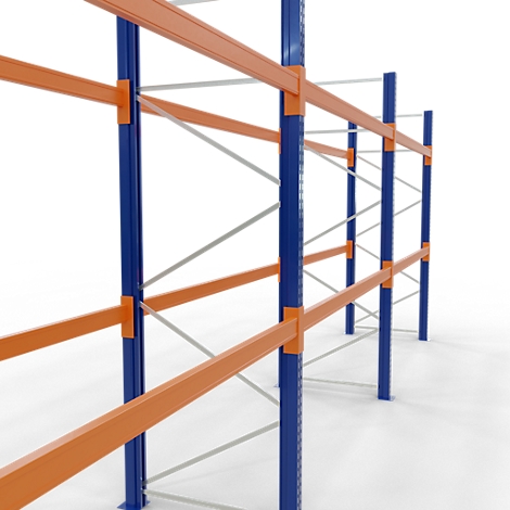 Magazijnstelling, blauw en oranje, staand op wit.