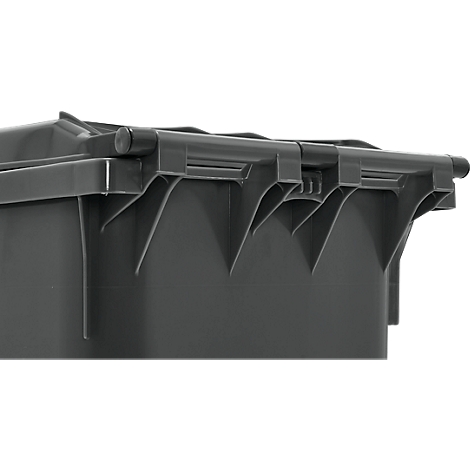 Détail d'un couvercle de poubelle gris avec un support.