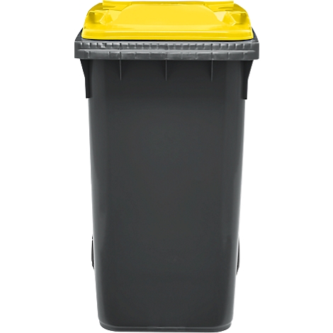 Poubelle gris foncé avec couvercle jaune. La poubelle est debout.