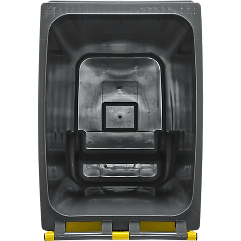 Vue de dessus dans un conteneur noir et rectangulaire. Au bord inférieur, une bande jaune et noire.