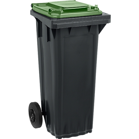 Poubelle noire avec couvercle vert et roues.