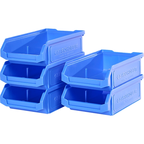 Zes blauwe plastic bakken, gestapeld, met het opschrift GEISCHÄFER.