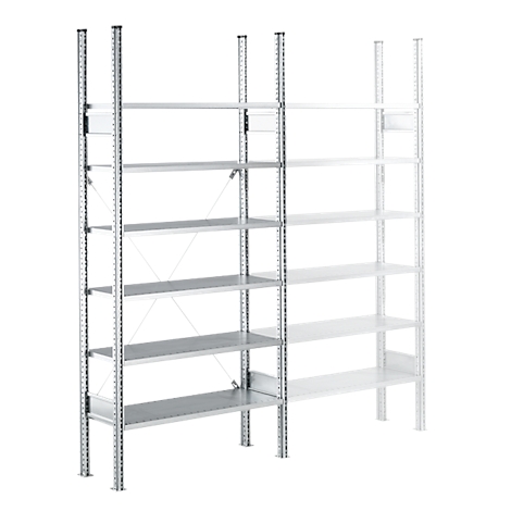 A gray freestanding shelving system with six shelves against a white background.