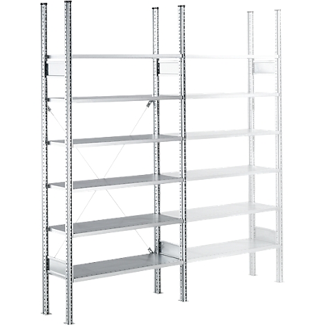 Metal shelf, grey shelves, black frames, white background. Two shelves next to each other.