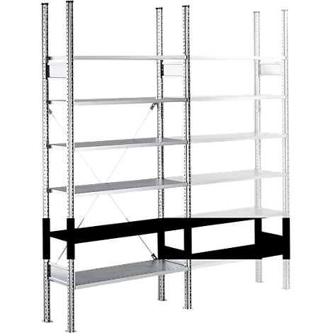 Metal shelving unit with multiple gray shelves and black support pillars. The shelves are arranged on a white surface.