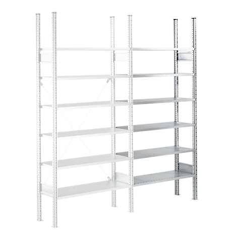 Twee witte planken naast elkaar. Elk heeft meerdere planken en verticale steunen.