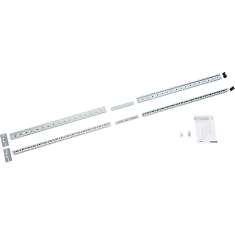 Diverses rails et pièces métalliques, dont des angles et des instructions.