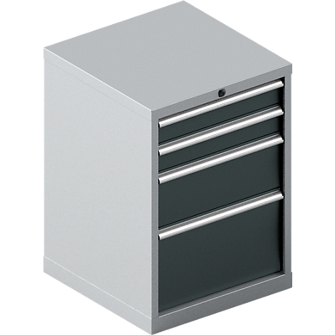 Grauer Schubladenschrank, 3 Schubladen, Metallgriffe, Schlüssel