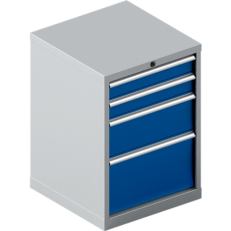 Grauer Werkzeugschrank mit blauen Schubladen und silbernen Griffen. Die Schubladen sind geschlossen. Ein schwarzes Schloss befindet sich auf der Oberseite.