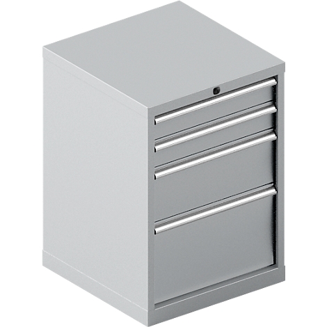 Grauer Aktenschrank mit vier Schubladen und horizontalen silbernen Griffen. Ein Schloss ist sichtbar.