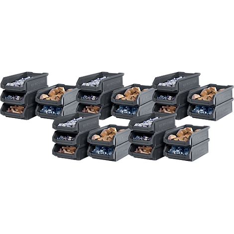 Graue Stapelboxen, gefüllt mit verschiedenen Materialien, gestapelt.