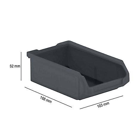 Graue Aufbewahrungsbox mit den Maßen: 168 mm lang, 103 mm breit, 52 mm hoch.