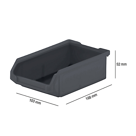 Graue Kunststoff-Ablage mit Maßangaben: 103mm, 168mm, 52mm.