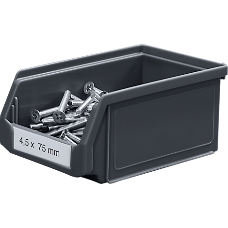 Graue Kunststoffbox mit Schrauben, beschriftet mit "4,5 x 75 mm".