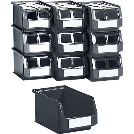 Schwarze Kunststoff-Aufbewahrungsbox mit offener Oberseite und angewinkelter Front.