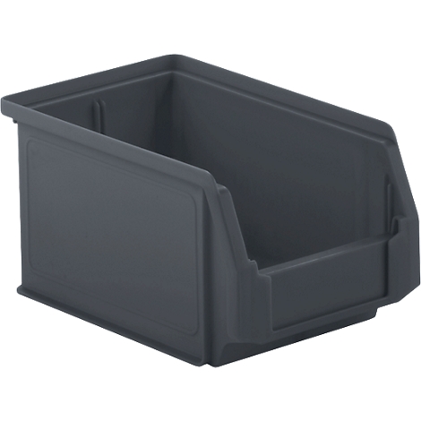 Dunkelgraue, rechteckige Aufbewahrungsbox mit offener Vorderseite.