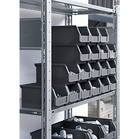 Graues Metallregal mit vielen grauen Kunststoffbehältern, gefüllt mit Kleinteilen.