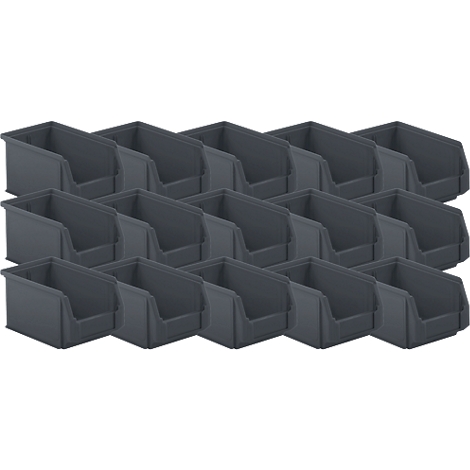 Anordnung von schwarzen Aufbewahrungsboxen, mit offenen Fronten, in drei Reihen angeordnet.