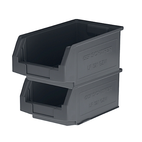 Zwei graue Kunststoffboxen, übereinander gestapelt, mit Etiketten.