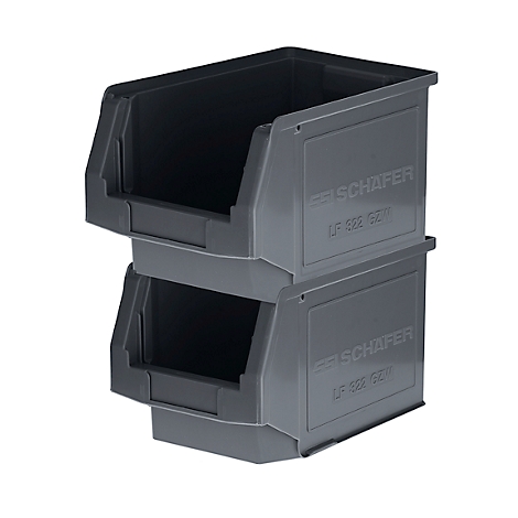 Zwei graue Lagerbehälter, übereinander gestapelt. Aufschrift: SCHÄFER.
