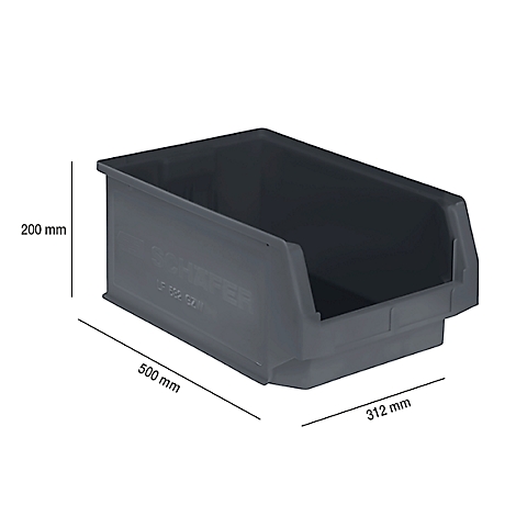 Dunkelgraue Kunststoffbox mit den Maßen 500 x 312 x 200 mm. Aufschrift: "SCHÄFER".