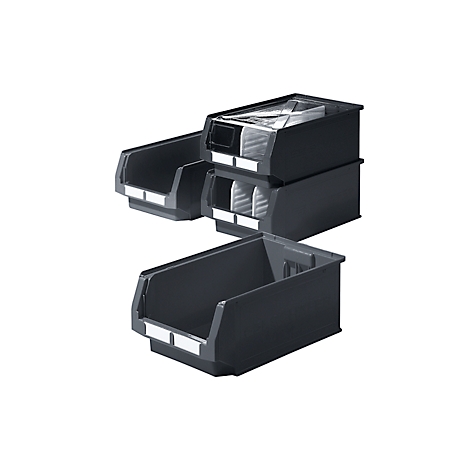 Graue Kunststoffbox, gefüllt mit silberfarbenen Metallteilen.