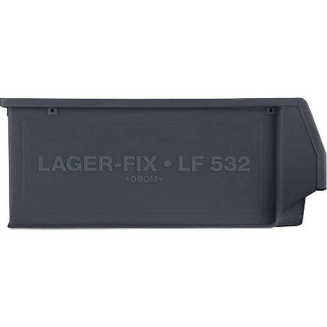 Grauer Kunststoffbehälter gefüllt mit metallischen Rohrschellen. Aufschrift: GEISCHATTER.