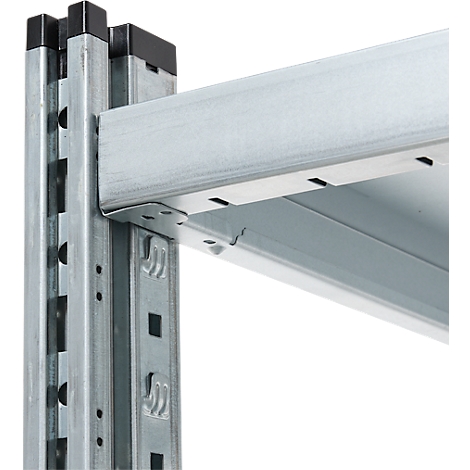 Detail of a metal shelf: angles, struts, brackets, rivets and black covers.