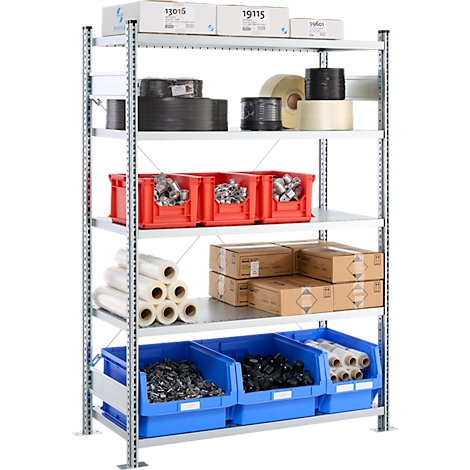 A metal shelf with multiple levels filled with boxes, rolls and containers. At the top are boxes with printing, below them rolls and blue/red boxes.