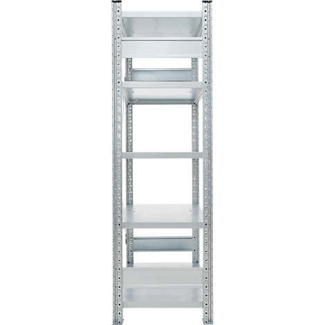 Metal shelving unit with six levels. The shelves are light gray, the vertical supports have holes.