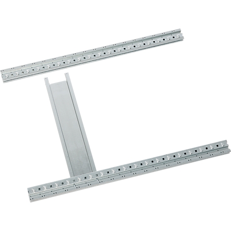 Three silver metal rails, some with holes. The detail image shows the accessories for installing solar panels.