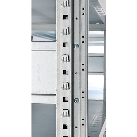 Close-up of a metal shelf support with square openings and screws.