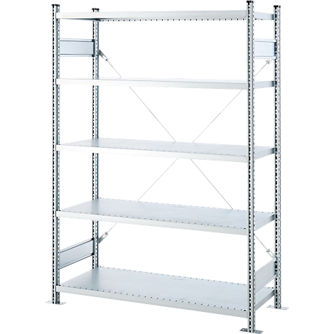 A silver heavy-duty shelving unit with five shelves, stabilized by diagonal struts.