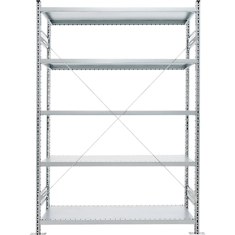 A metallic gray shelving system against a white background. It has five shelves and diagonal struts for stability.