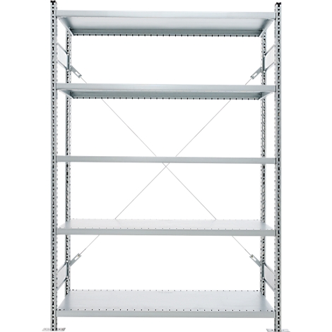 Gray metal shelf with five shelves on a white background.
